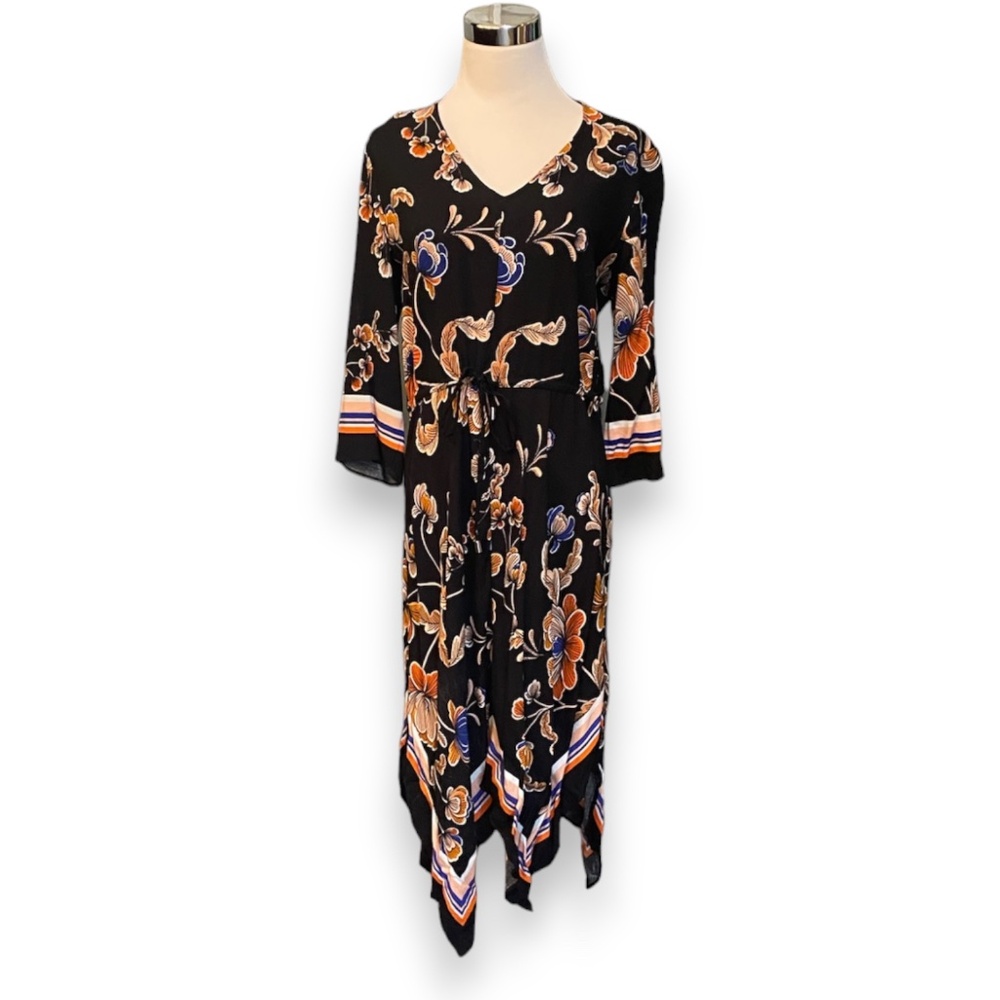 MSK Black Floral Print Handkerchief Hem Dress
